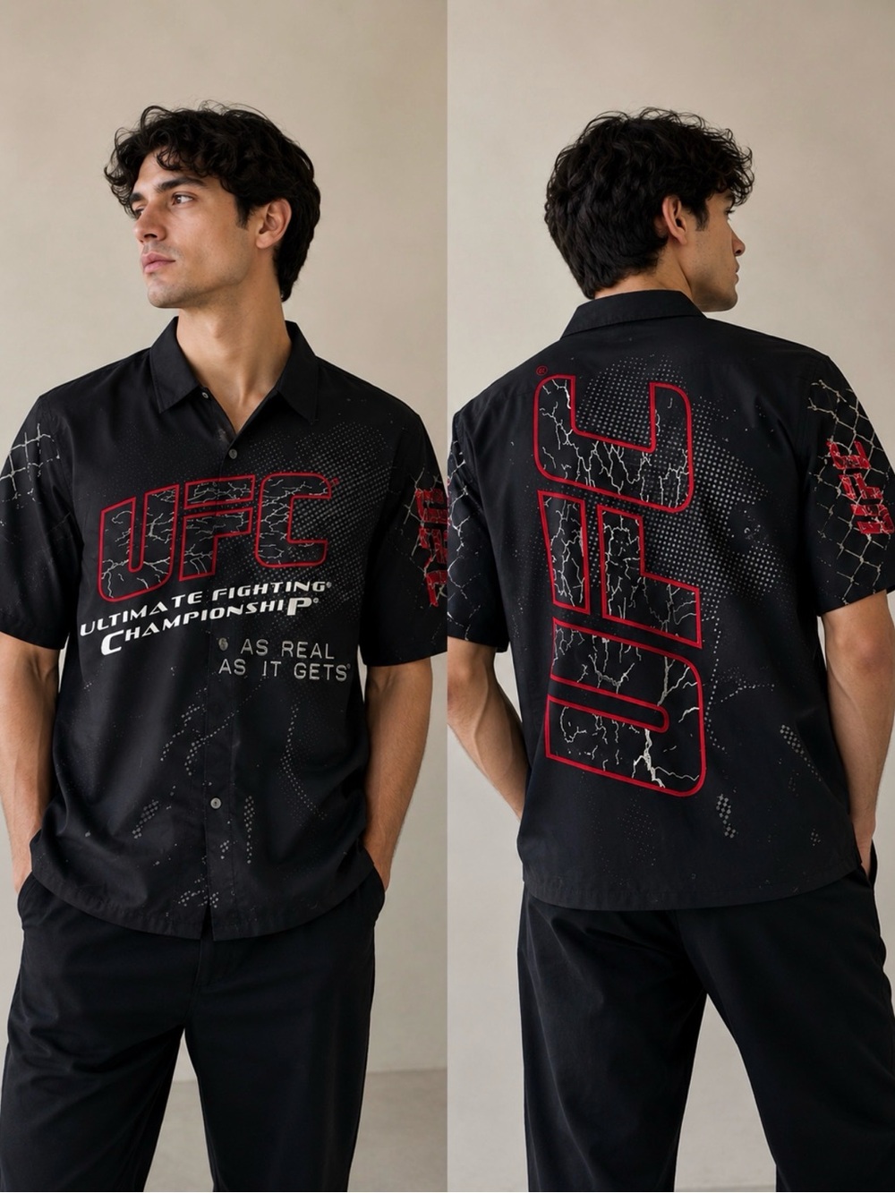 UFC Black Button-Down Shirt with Red Logo